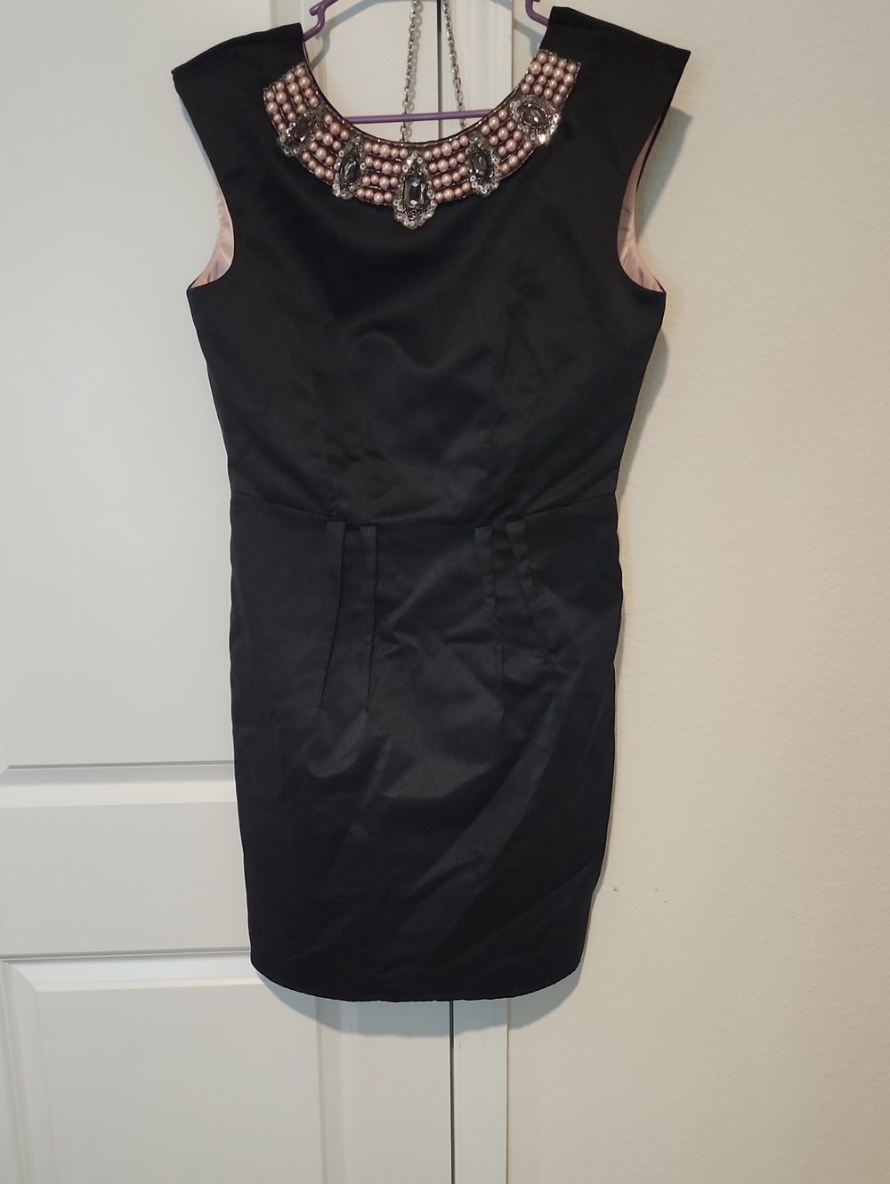 ABS Allen Schwartz Black Sheath Dress with Pink Beaded Neckline